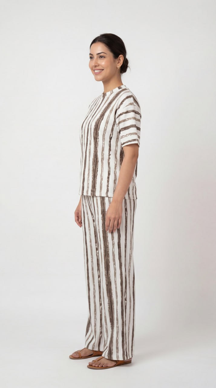 Trendy Women’s Printed Co-Ord Set – Half Sleeve Top & Wide Leg Pants (Maroon & White Striped Lounge Wear Set)