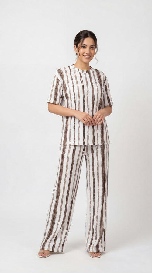 Trendy Women’s Printed Co-Ord Set – Half Sleeve Top & Wide Leg Pants (Maroon & White Striped Lounge Wear Set)