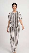 Trendy Women’s Printed Co-Ord Set – Half Sleeve Top & Wide Leg Pants (Maroon & White Striped Lounge Wear Set)