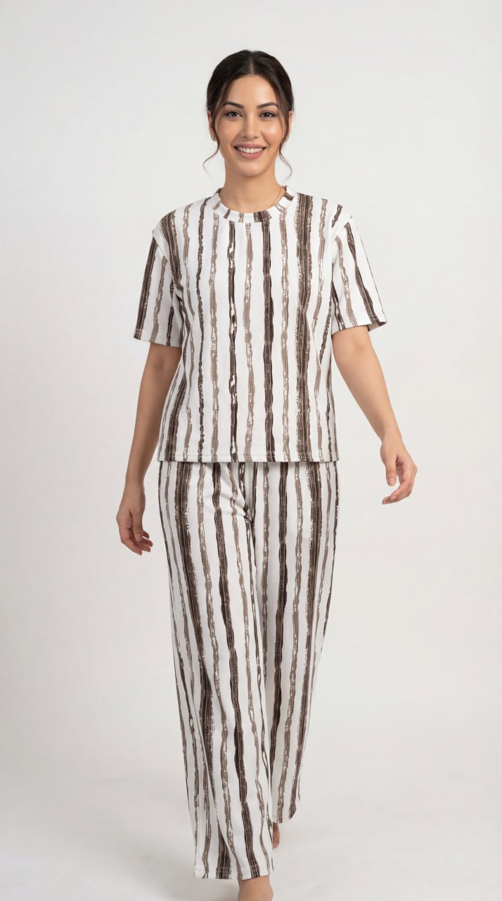 Trendy Women’s Printed Co-Ord Set – Half Sleeve Top & Wide Leg Pants (Maroon & White Striped Lounge Wear Set)