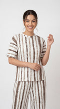 Trendy Women’s Printed Co-Ord Set – Half Sleeve Top & Wide Leg Pants (Maroon & White Striped Lounge Wear Set)