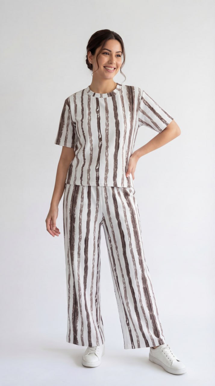 Trendy Women’s Printed Co-Ord Set – Half Sleeve Top & Wide Leg Pants (Maroon & White Striped Lounge Wear Set)