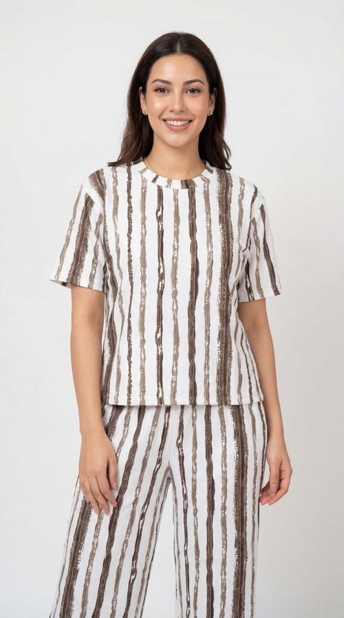 Trendy Women’s Printed Co-Ord Set – Half Sleeve Top & Wide Leg Pants (Maroon & White Striped Lounge Wear Set)