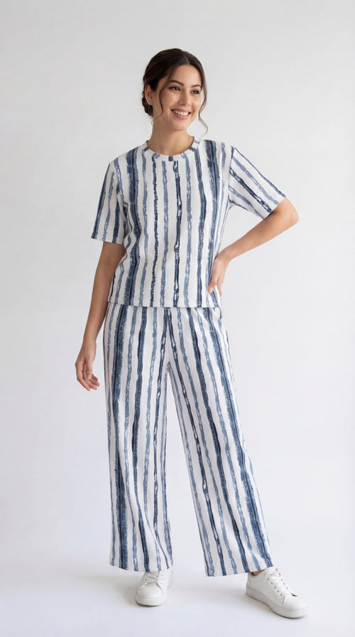 Trendy Women’s Printed Co-Ord Set – Half Sleeve Top & Wide Leg Pants (Navy Blue & White Striped Lounge Wear Set)