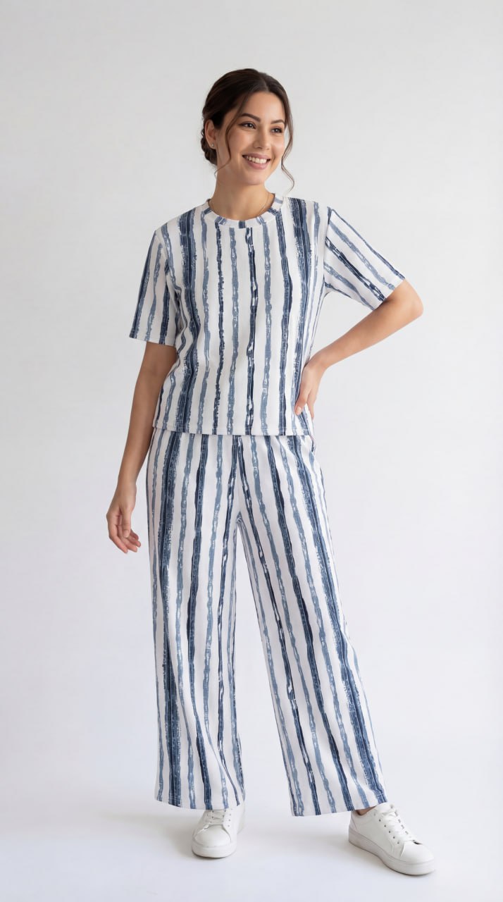Trendy Women’s Printed Co-Ord Set – Half Sleeve Top & Wide Leg Pants (Navy Blue & White Striped Lounge Wear Set)