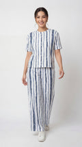 Trendy Women’s Printed Co-Ord Set – Half Sleeve Top & Wide Leg Pants (Navy Blue & White Striped Lounge Wear Set)
