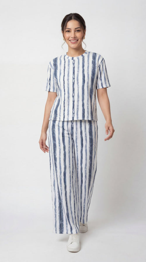 Trendy Women’s Printed Co-Ord Set – Half Sleeve Top & Wide Leg Pants (Navy Blue & White Striped Lounge Wear Set)