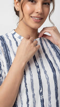 Trendy Women’s Printed Co-Ord Set – Half Sleeve Top & Wide Leg Pants (Navy Blue & White Striped Lounge Wear Set)