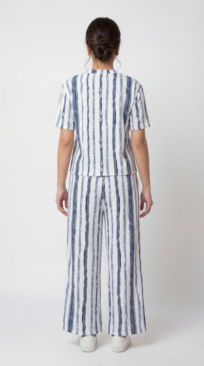 Trendy Women’s Printed Co-Ord Set – Half Sleeve Top & Wide Leg Pants (Navy Blue & White Striped Lounge Wear Set)