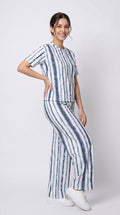 Trendy Women’s Printed Co-Ord Set – Half Sleeve Top & Wide Leg Pants (Navy Blue & White Striped Lounge Wear Set)