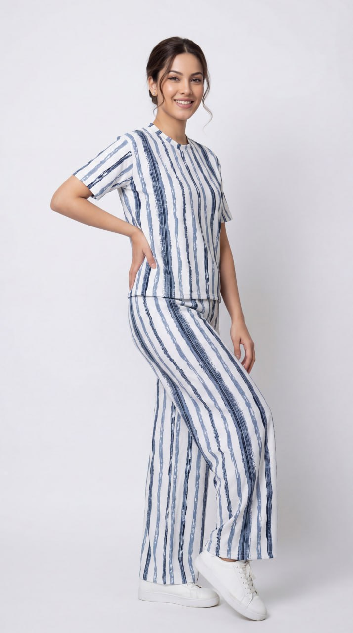 Trendy Women’s Printed Co-Ord Set – Half Sleeve Top & Wide Leg Pants (Navy Blue & White Striped Lounge Wear Set)