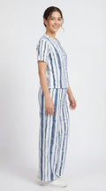 Trendy Women’s Printed Co-Ord Set – Half Sleeve Top & Wide Leg Pants (Navy Blue & White Striped Lounge Wear Set)