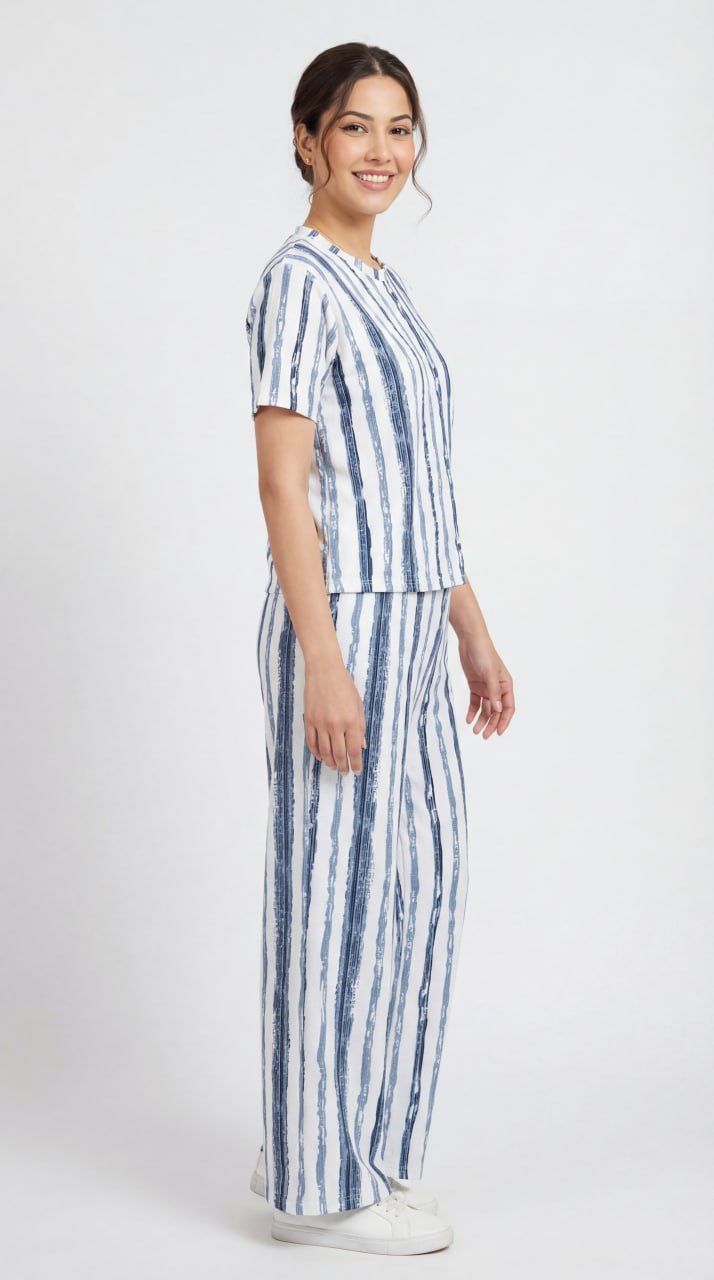 Trendy Women’s Printed Co-Ord Set – Half Sleeve Top & Wide Leg Pants (Navy Blue & White Striped Lounge Wear Set)