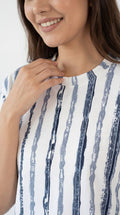 Trendy Women’s Printed Co-Ord Set – Half Sleeve Top & Wide Leg Pants (Navy Blue & White Striped Lounge Wear Set)