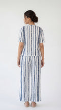 Trendy Women’s Printed Co-Ord Set – Half Sleeve Top & Wide Leg Pants (Navy Blue & White Striped Lounge Wear Set)
