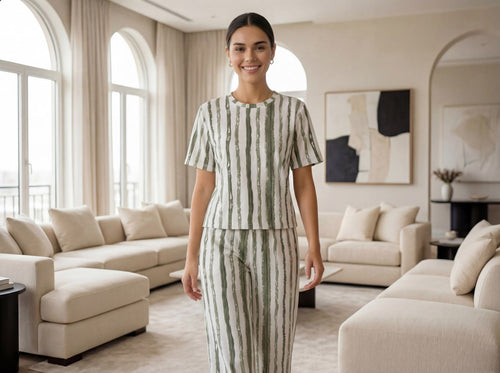 Trendy Women’s Printed Co-Ord Set – Half Sleeve Top & Wide Leg Pants (Green & White Striped Lounge Wear Set)