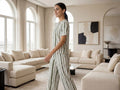 Trendy Women’s Printed Co-Ord Set – Half Sleeve Top & Wide Leg Pants (Green & White Striped Lounge Wear Set)