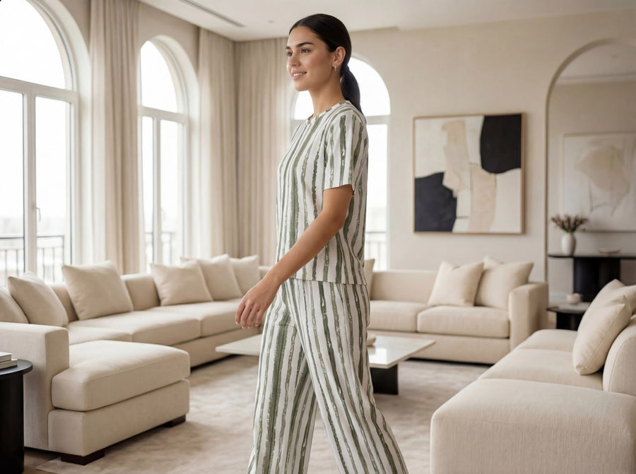 Trendy Women’s Printed Co-Ord Set – Half Sleeve Top & Wide Leg Pants (Green & White Striped Lounge Wear Set)