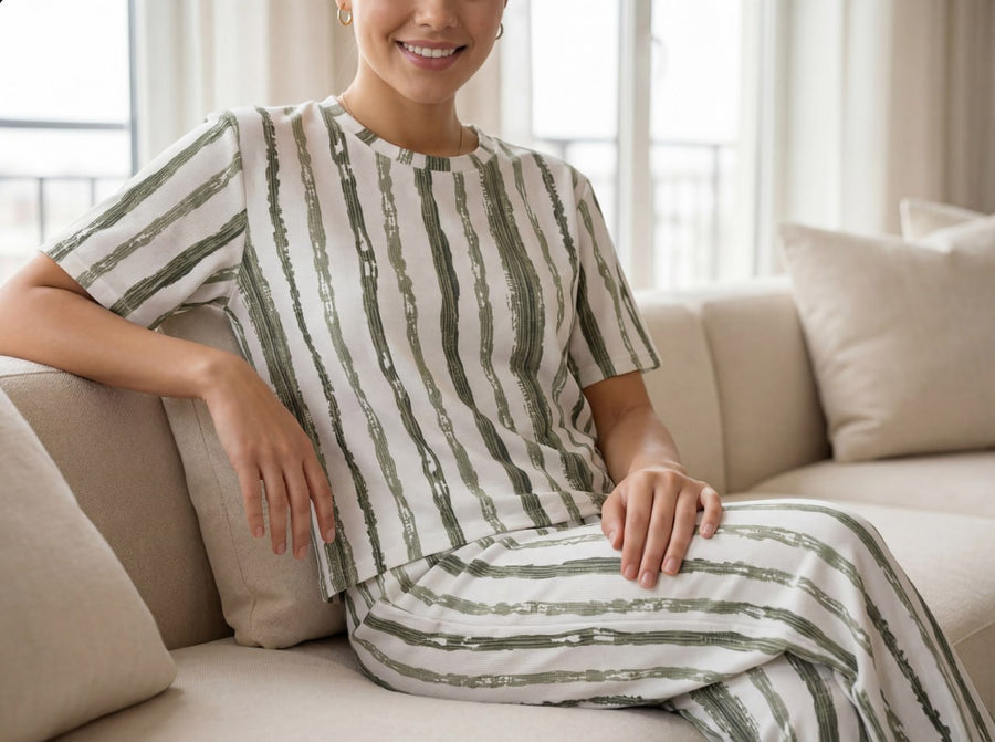 Trendy Women’s Printed Co-Ord Set – Half Sleeve Top & Wide Leg Pants (Green & White Striped Lounge Wear Set)