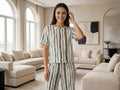 Trendy Women’s Printed Co-Ord Set – Half Sleeve Top & Wide Leg Pants (Green & White Striped Lounge Wear Set)