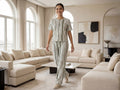 Trendy Women’s Printed Co-Ord Set – Half Sleeve Top & Wide Leg Pants (Green & White Striped Lounge Wear Set)