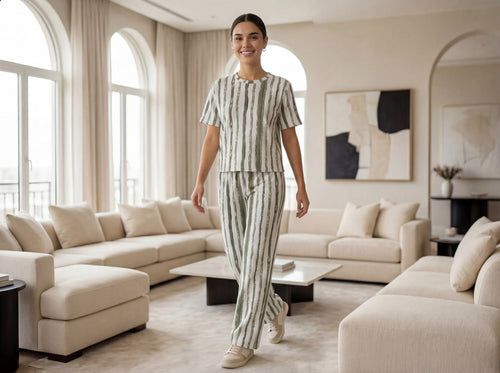 Trendy Women’s Printed Co-Ord Set – Half Sleeve Top & Wide Leg Pants (Green & White Striped Lounge Wear Set)