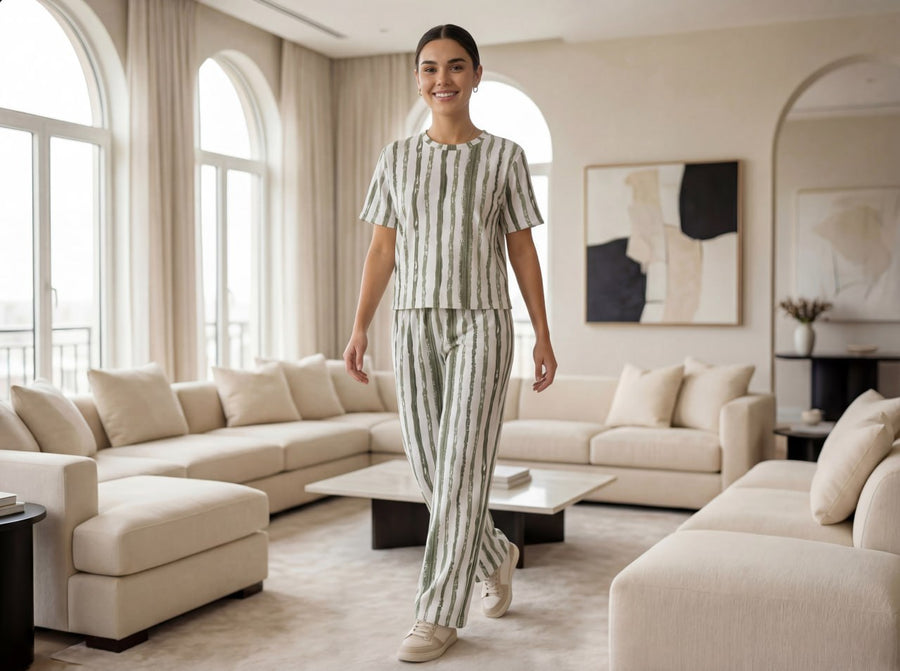 Trendy Women’s Printed Co-Ord Set – Half Sleeve Top & Wide Leg Pants (Green & White Striped Lounge Wear Set)