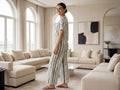 Trendy Women’s Printed Co-Ord Set – Half Sleeve Top & Wide Leg Pants (Green & White Striped Lounge Wear Set)