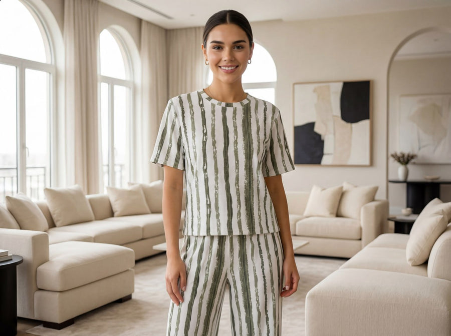 Trendy Women’s Printed Co-Ord Set – Half Sleeve Top & Wide Leg Pants (Green & White Striped Lounge Wear Set)
