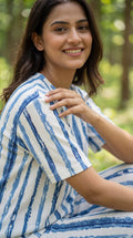 Trendy Women’s Printed Co-Ord Set – Half Sleeve Top & Wide Leg Pants (Blue & White Striped Lounge Wear Set)