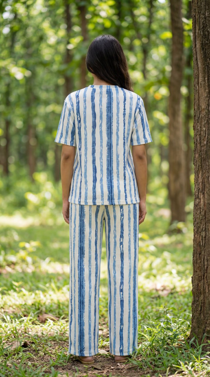 Trendy Women’s Printed Co-Ord Set – Half Sleeve Top & Wide Leg Pants (Blue & White Striped Lounge Wear Set)