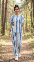 Trendy Women’s Printed Co-Ord Set – Half Sleeve Top & Wide Leg Pants (Blue & White Striped Lounge Wear Set)