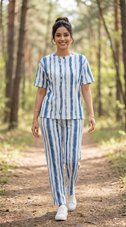 Trendy Women’s Printed Co-Ord Set – Half Sleeve Top & Wide Leg Pants (Blue & White Striped Lounge Wear Set)