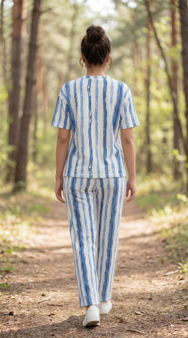 Trendy Women’s Printed Co-Ord Set – Half Sleeve Top & Wide Leg Pants (Blue & White Striped Lounge Wear Set)