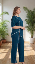 Premium Comfort Co-Ord Set for Women – Stylish Relaxed Fit Top & Straight Pants (Deep Teal with Contrast Piping)