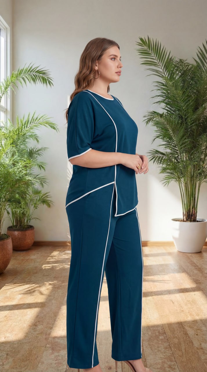 Premium Comfort Co-Ord Set for Women – Stylish Relaxed Fit Top & Straight Pants (Deep Teal with Contrast Piping)