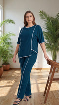 Premium Comfort Co-Ord Set for Women – Stylish Relaxed Fit Top & Straight Pants (Deep Teal with Contrast Piping)