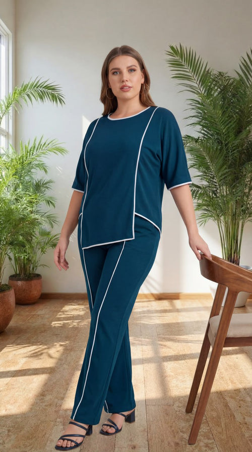 Premium Comfort Co-Ord Set for Women – Stylish Relaxed Fit Top & Straight Pants (Deep Teal with Contrast Piping)