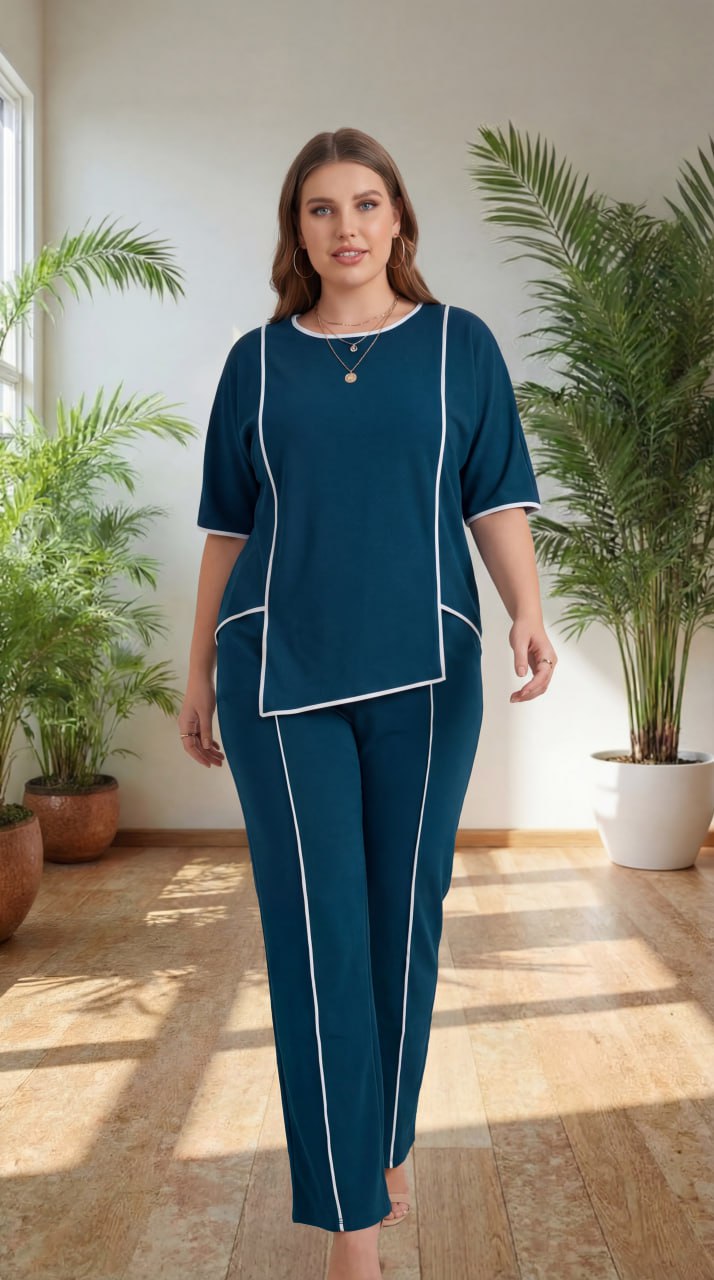 Premium Comfort Co-Ord Set for Women – Stylish Relaxed Fit Top & Straight Pants (Deep Teal with Contrast Piping)
