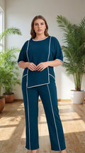 Premium Comfort Co-Ord Set for Women – Stylish Relaxed Fit Top & Straight Pants (Deep Teal with Contrast Piping)