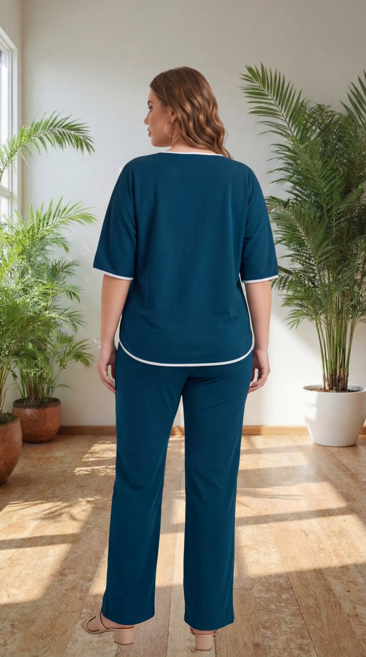 Premium Comfort Co-Ord Set for Women – Stylish Relaxed Fit Top & Straight Pants (Deep Teal with Contrast Piping)