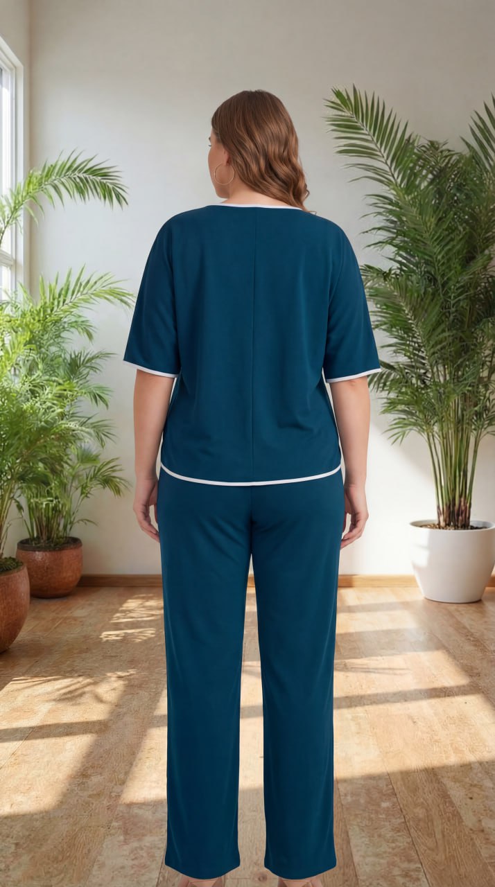Premium Comfort Co-Ord Set for Women – Stylish Relaxed Fit Top & Straight Pants (Deep Teal with Contrast Piping)