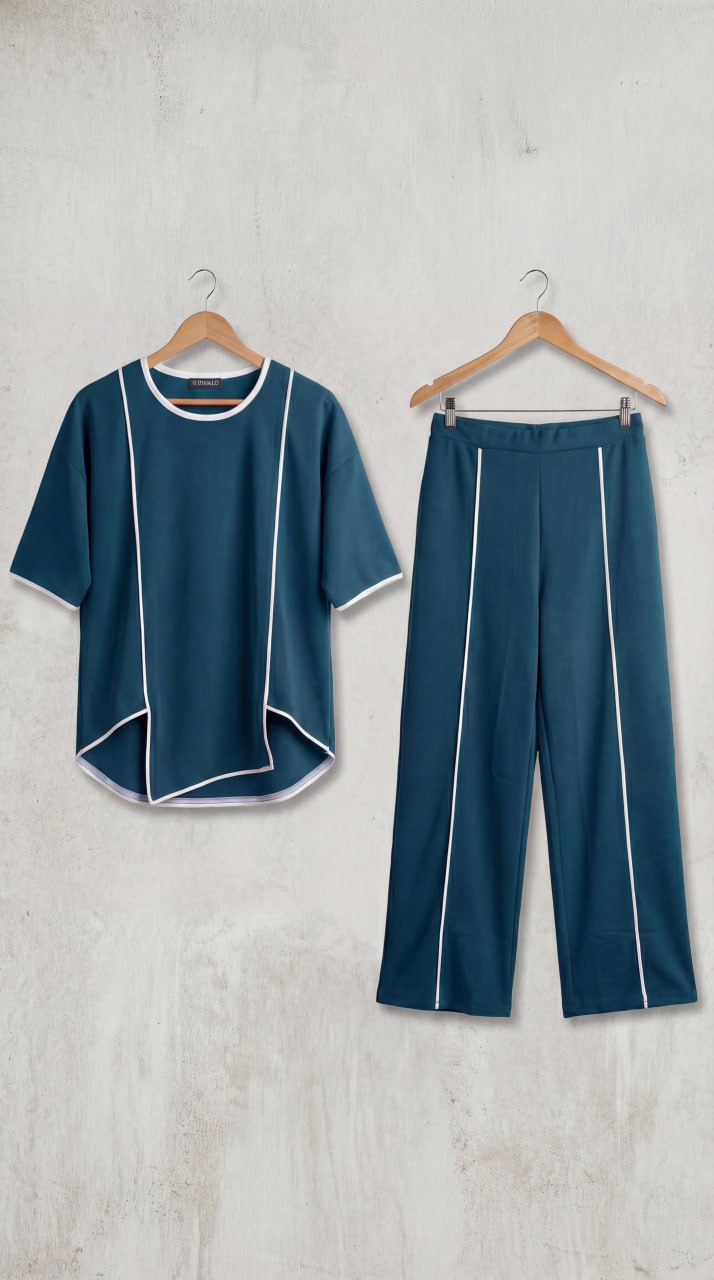 Premium Comfort Co-Ord Set for Women – Stylish Relaxed Fit Top & Straight Pants (Deep Teal with Contrast Piping)