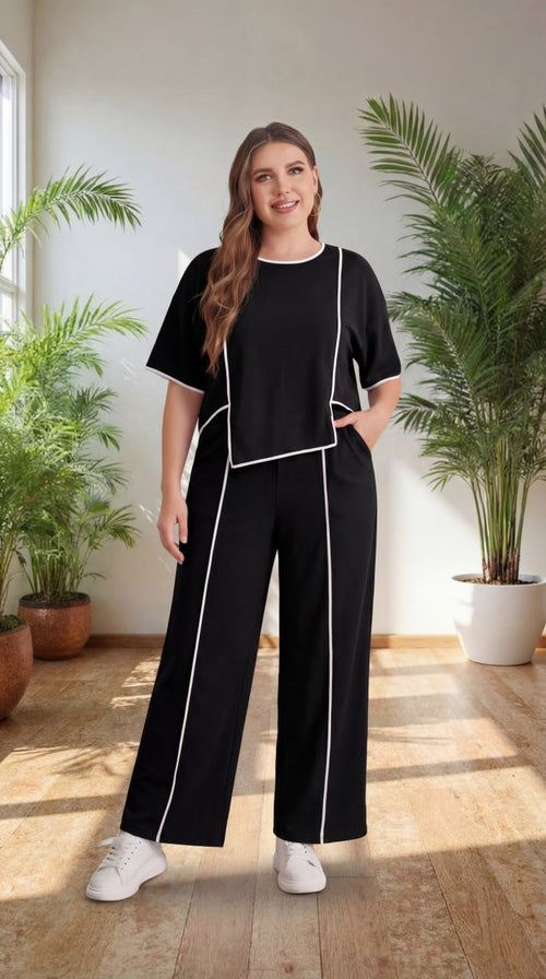 Premium Comfort Co-Ord Set for Women – Stylish Relaxed Fit Top & Straight Pants (Black with Contrast Piping)