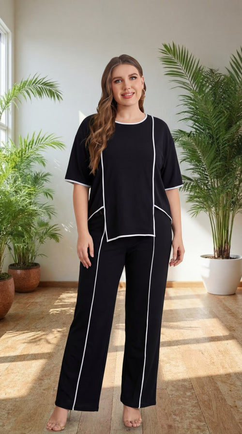 Premium Comfort Co-Ord Set for Women – Stylish Relaxed Fit Top & Straight Pants (Black with Contrast Piping)
