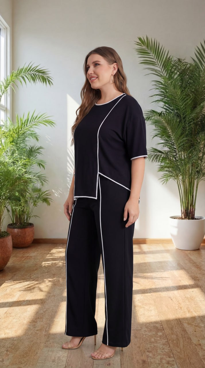 Premium Comfort Co-Ord Set for Women – Stylish Relaxed Fit Top & Straight Pants (Black with Contrast Piping)