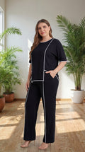 Premium Comfort Co-Ord Set for Women – Stylish Relaxed Fit Top & Straight Pants (Black with Contrast Piping)