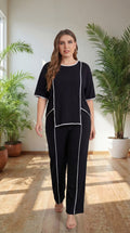 Premium Comfort Co-Ord Set for Women – Stylish Relaxed Fit Top & Straight Pants (Black with Contrast Piping)