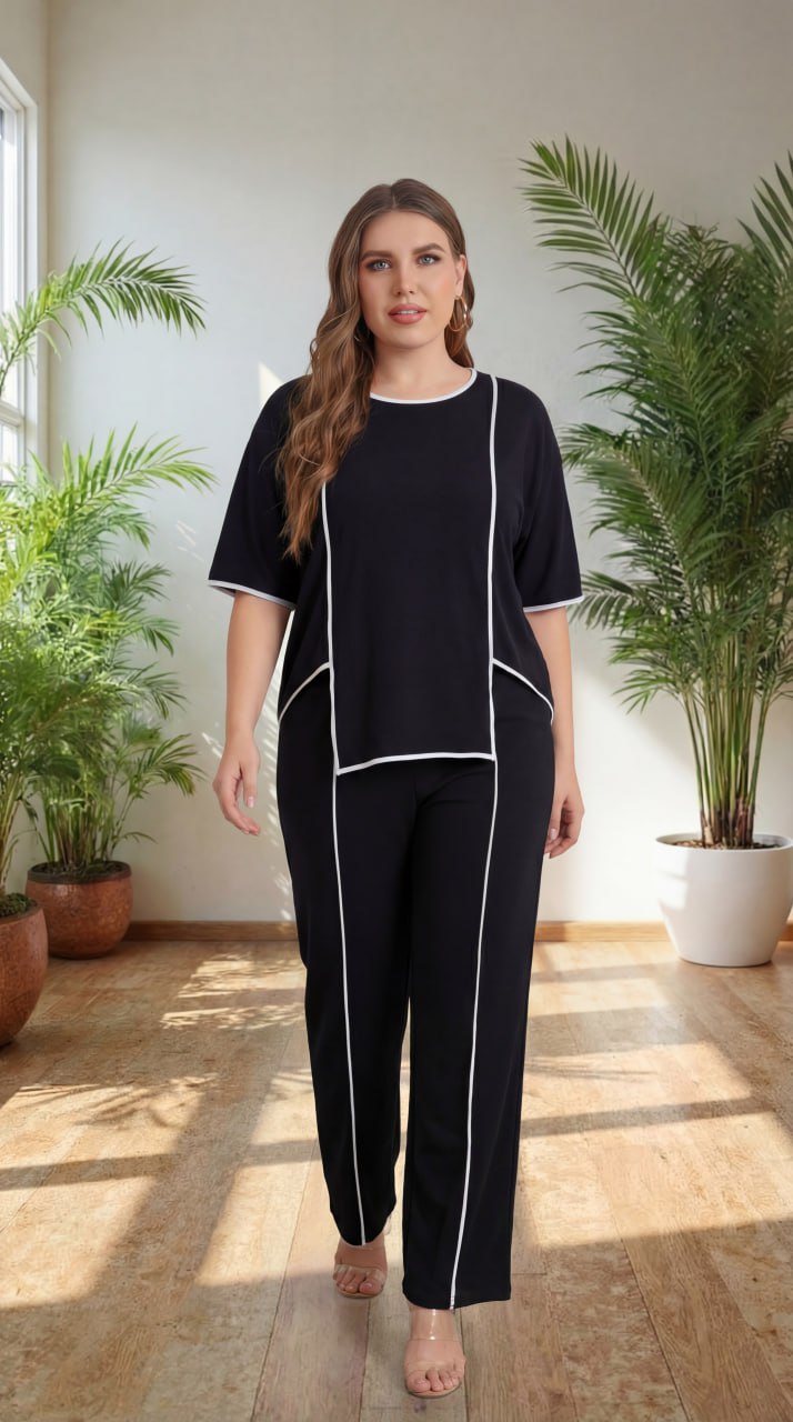 Premium Comfort Co-Ord Set for Women – Stylish Relaxed Fit Top & Straight Pants (Black with Contrast Piping)