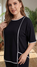 Premium Comfort Co-Ord Set for Women – Stylish Relaxed Fit Top & Straight Pants (Black with Contrast Piping)
